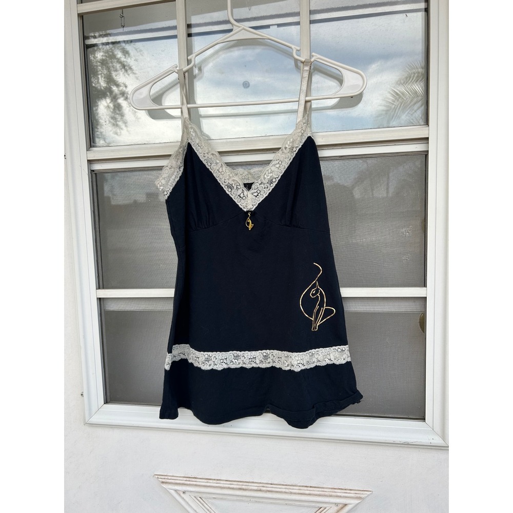 Baby Phat Intimates Black Lace Trim Camisole Gold Cat Logo Y2K Top Large